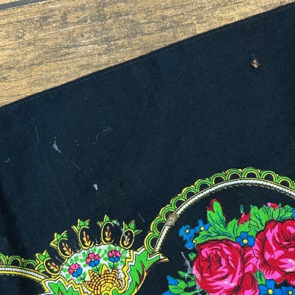 Vintage Ukrainian Black Floral Wool Challis Ethnic Scarf As Found - Picture 7 of 10